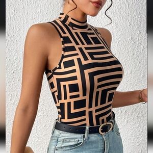 Shein Black and Tan Bodysuit with High Neckline M NWT